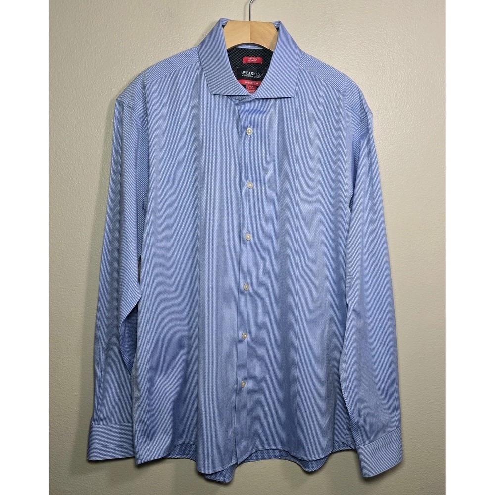 KENNETH COLE Awearness Blue Slim Fit Stretch Non-Iron Dress Shirt 16.5  34/35